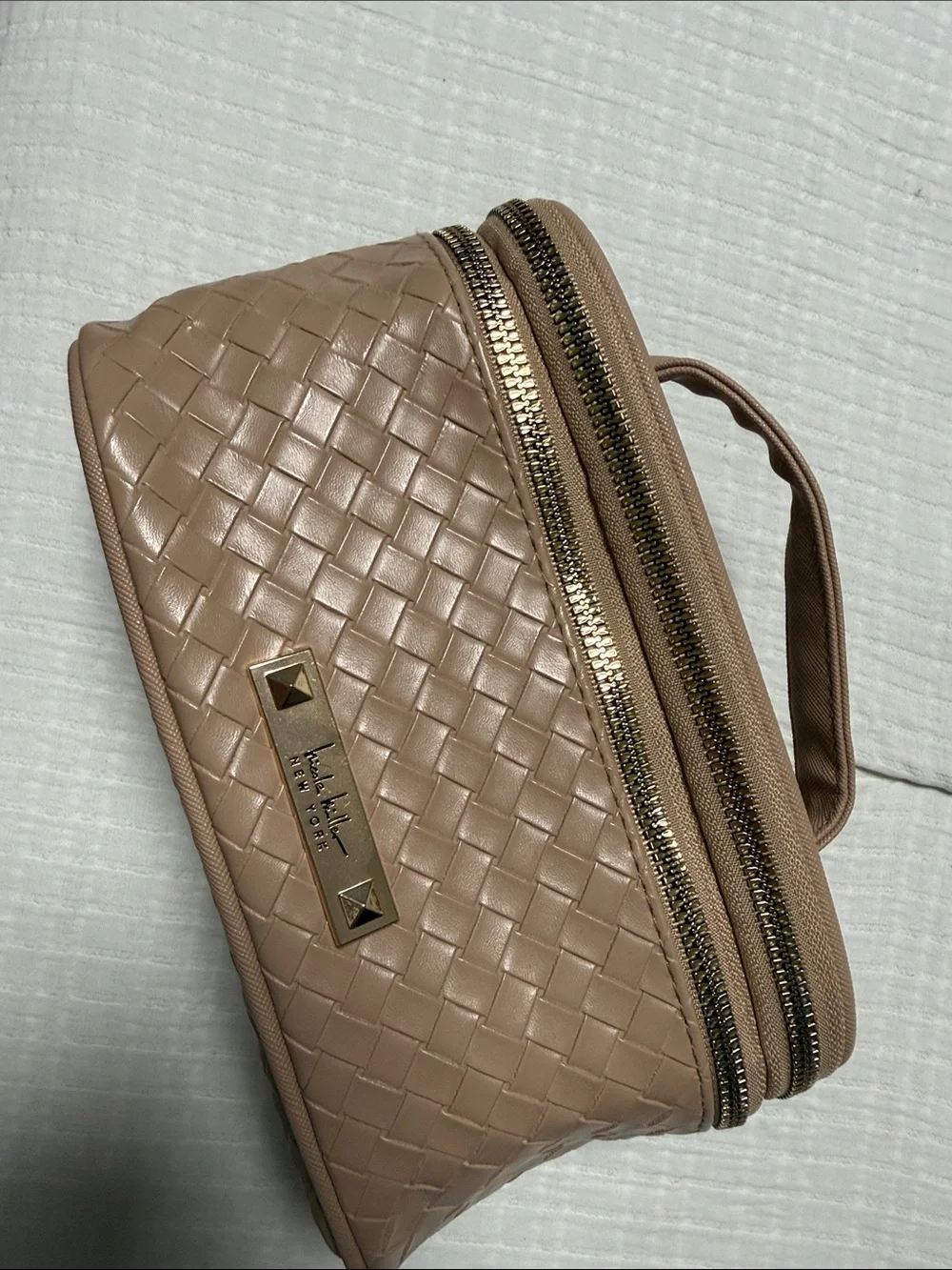 Taupe Woven Cosmetic Case with Handle